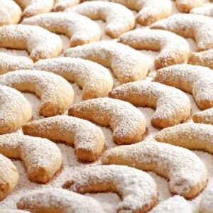 Delicious homemade Vanille Kipferl cookies, dusted with powdered sugar.